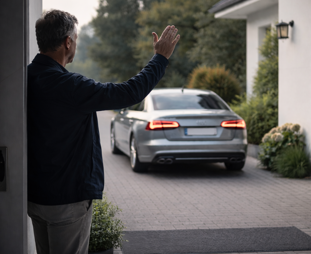 Mann winkt einem vorbeifahrenden silbernen Auto vor einem Wohnhaus zu.