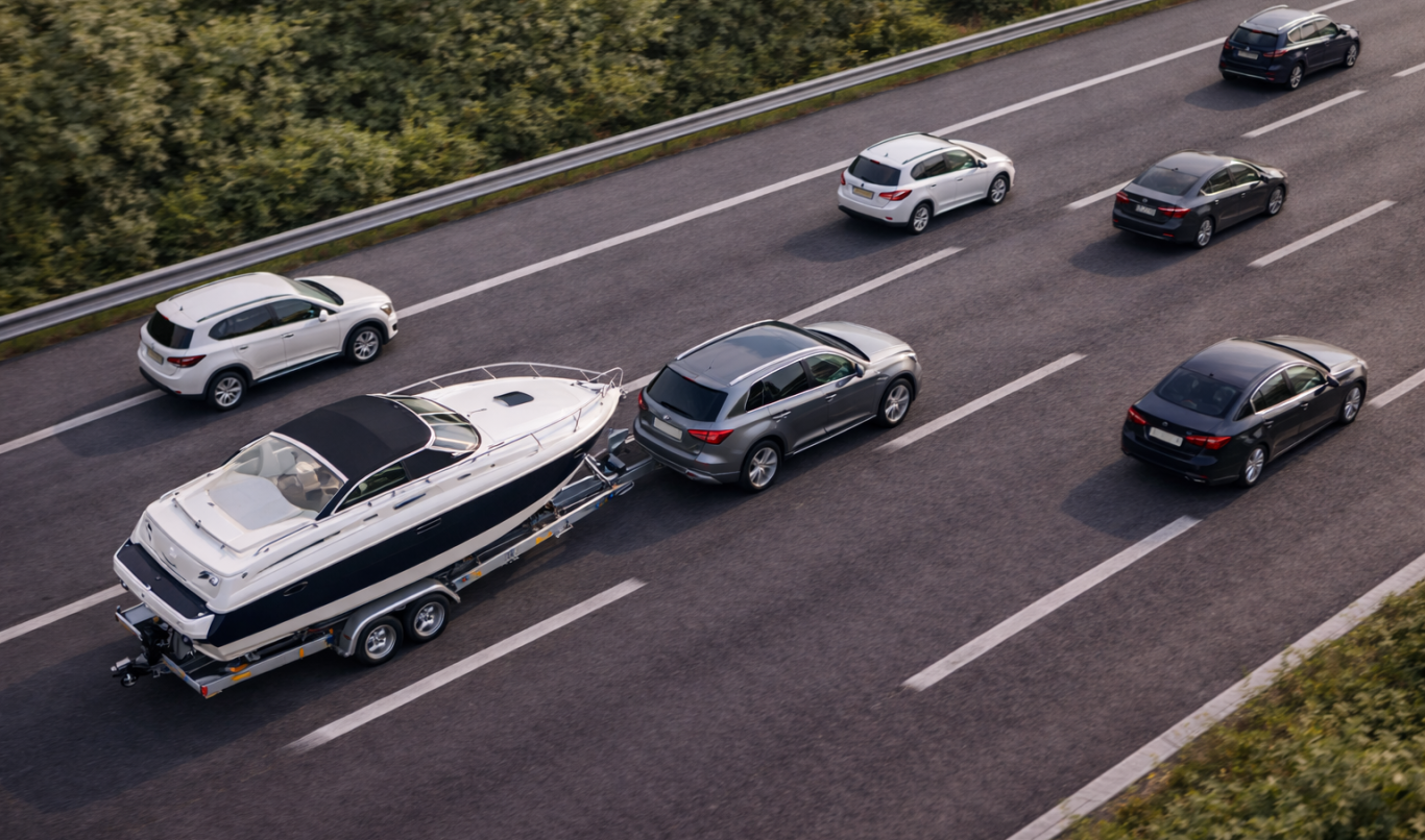 Ein Auto zieht ein Boot auf einem Anhänger auf einer vielbefahrenen Autobahn.